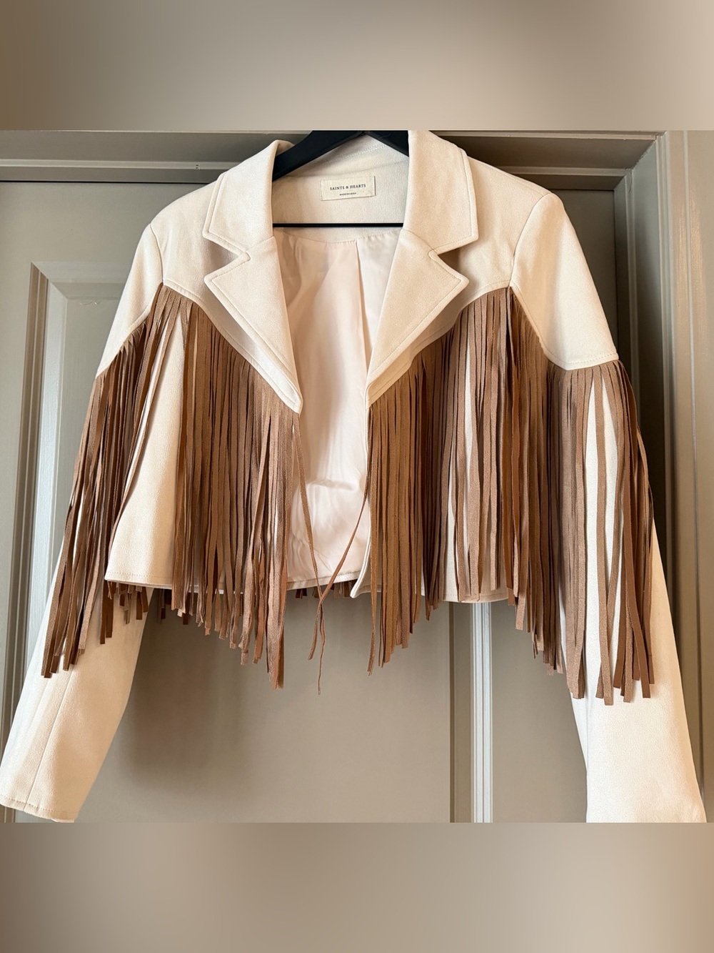 Cropped Cream Fringe Leather Jacket